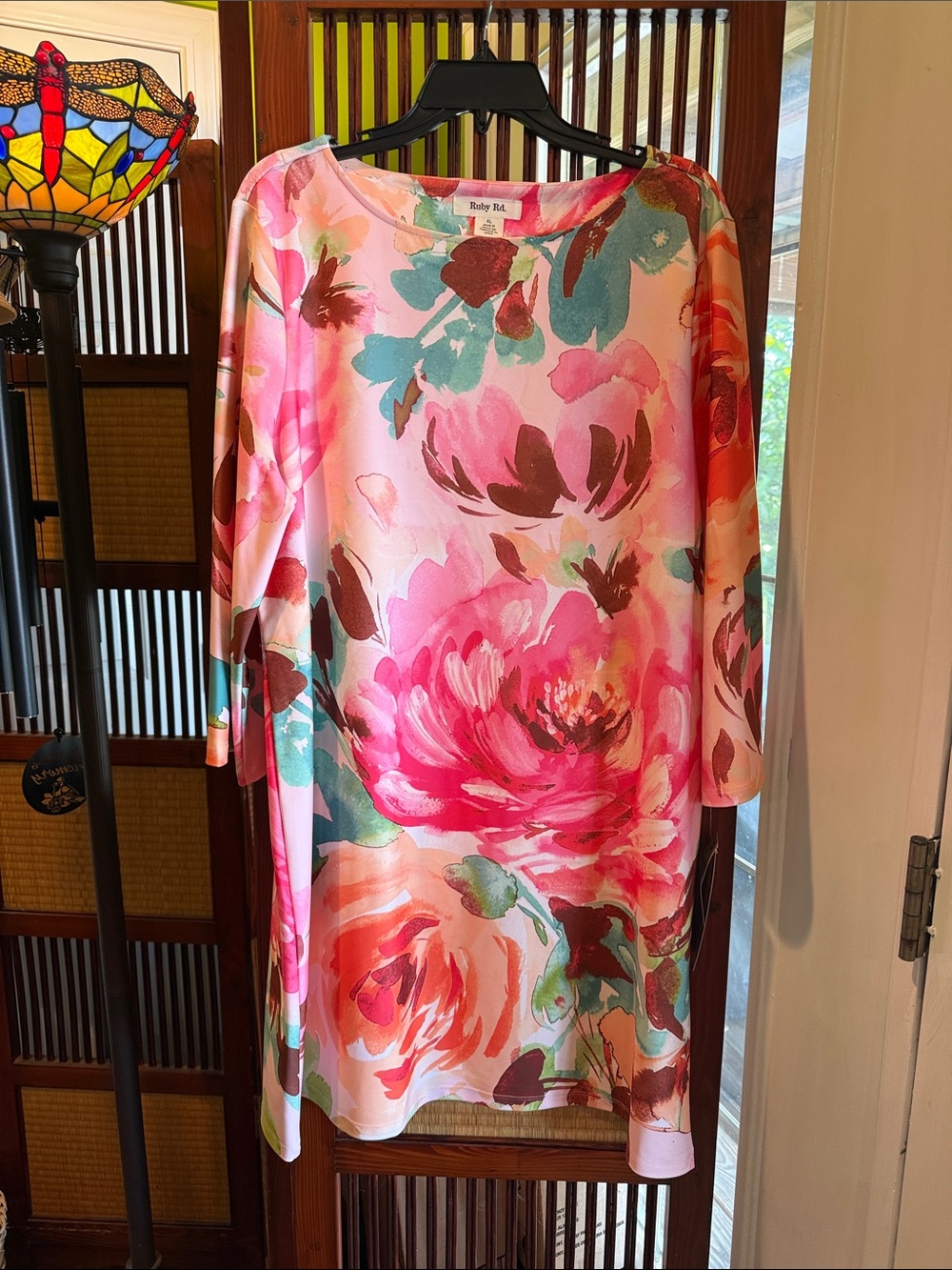 Ruby Rd. Pink Floral Long Sleeve Shift Dress with Teal Accents